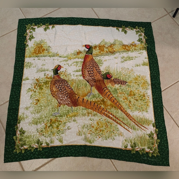 VINTAGE JERRI SHERMAN Silk Birds Pheasant SCARF Shawl Wrap - Picture 1 of 4